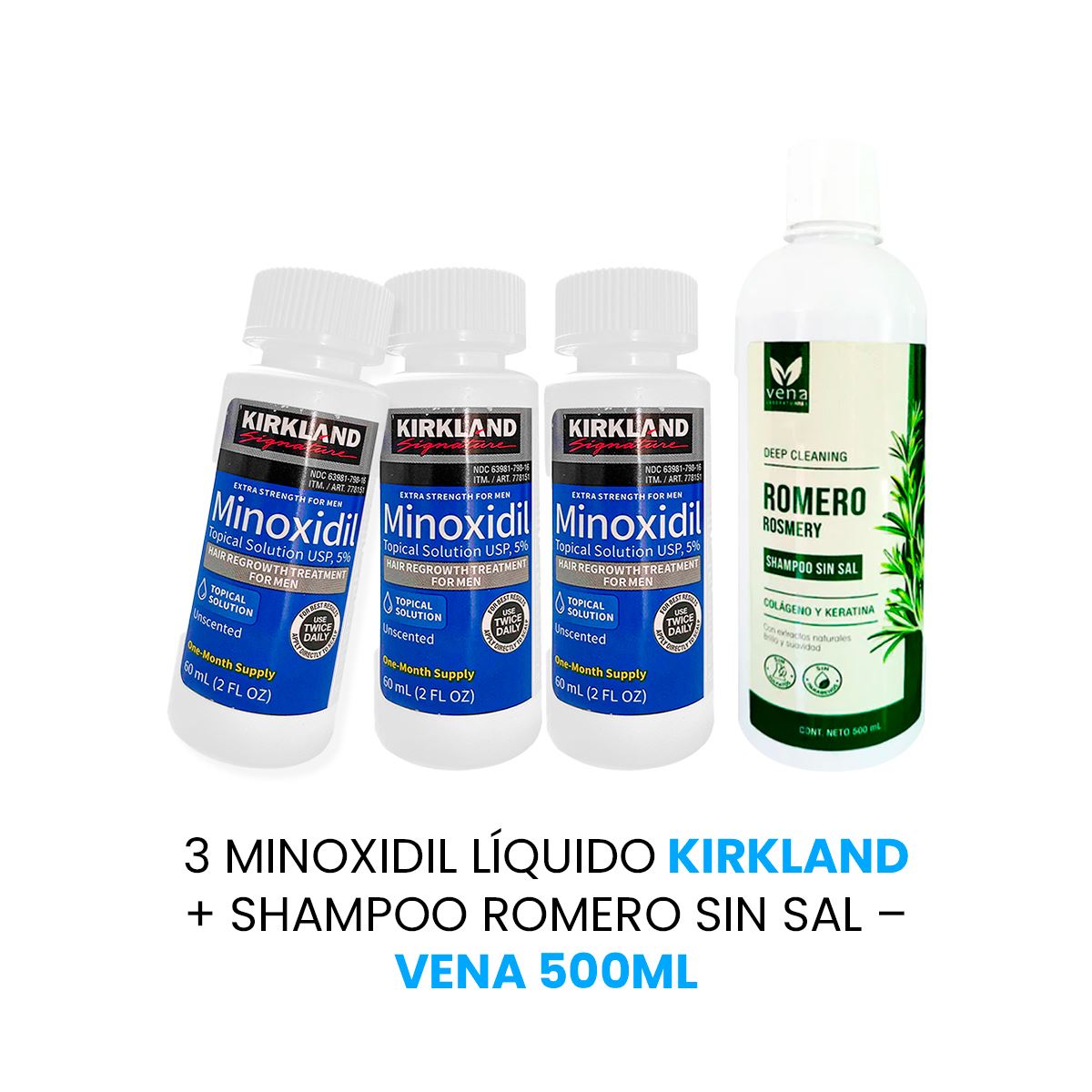 TRATAMIENTO CAPILAR KIRKLAND MINOXIDIL LÍQUIDO 3 UNIDADES + SHAMPOO ROMERO VENA 500 ML