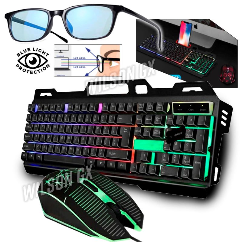 Kit Gamer Teclado Metálico y Mouse RGB + Lentes filtro luz Azul