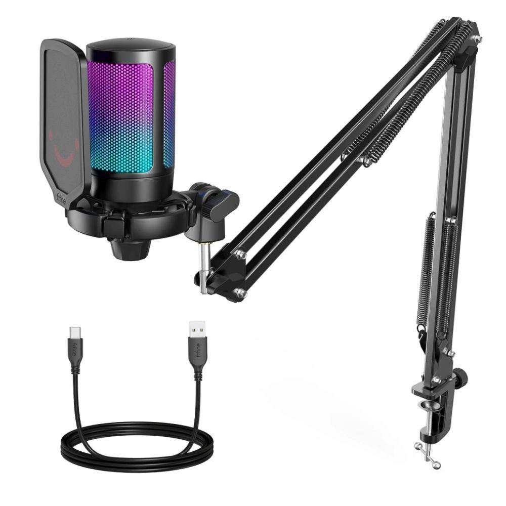 Micrófono Gamer Fifine A6T con Soporte de brazo condensador USB color negro RGB