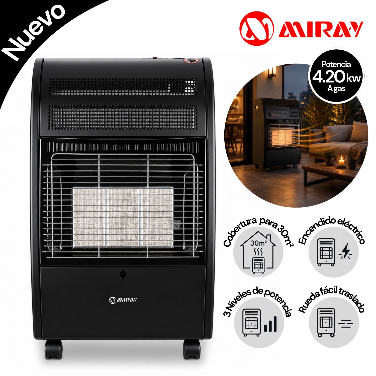 Estufa a Gas Miray EGM-72 4.20KW Negro 30m2