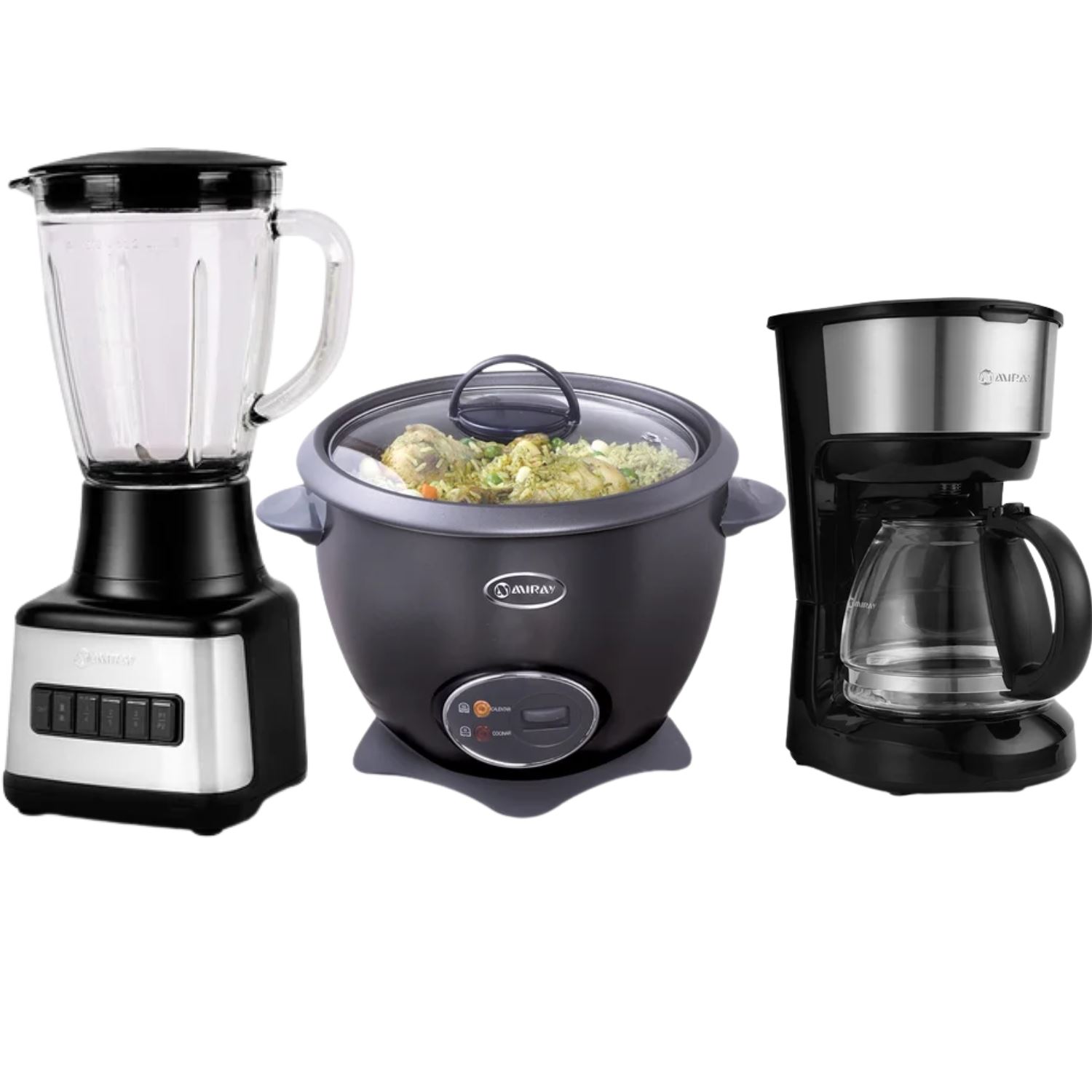 Combo Miray Olla Arrocera Negro 1.5L + Licuadora 1.5L + Cafetera 6 Tazas