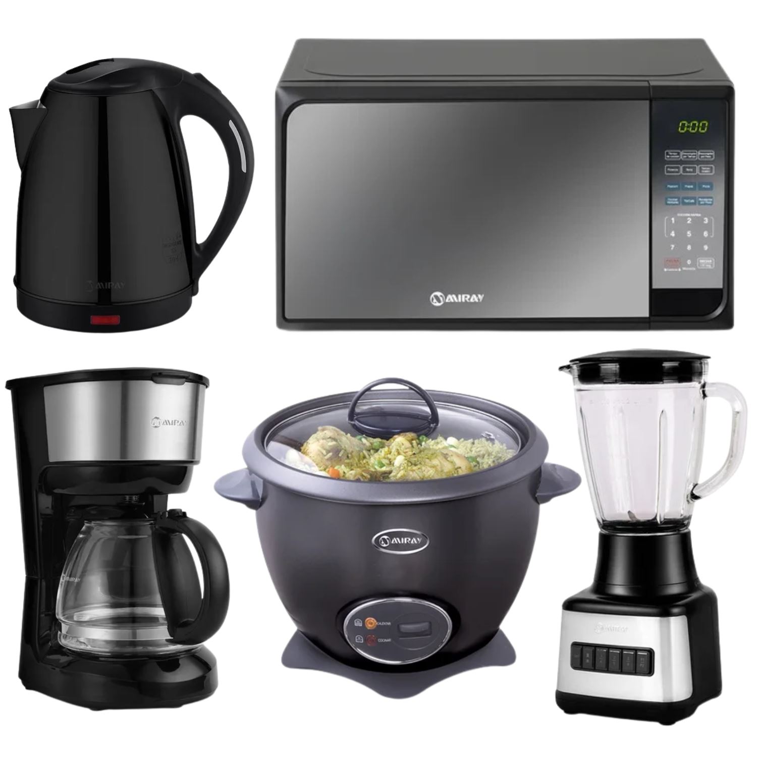PentaCombo Miray Olla Arrocera Negro 1.5L + Licuadora 1.5L + Horno Microondas 20L + Hervidor 1.8 Litros Negro + Cafetera 6 Tazas