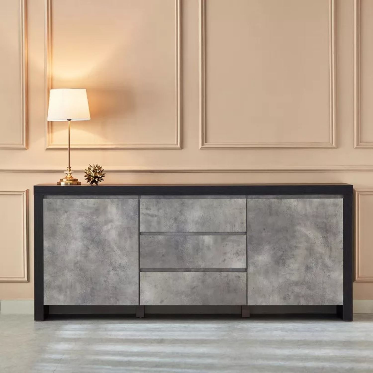 APARADOR MIXUR 2 PUERTAS 3 CAJONES NEGRO ROBLE Y CEMENTO 200X85CM
