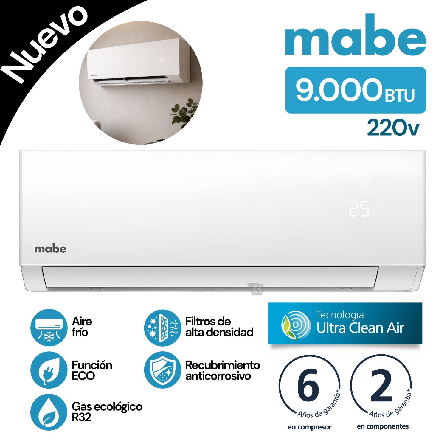 Aire Acondicionado Tradicional 9.000 BTU Blanco Mabe - MMT09CDBWCC32EC1