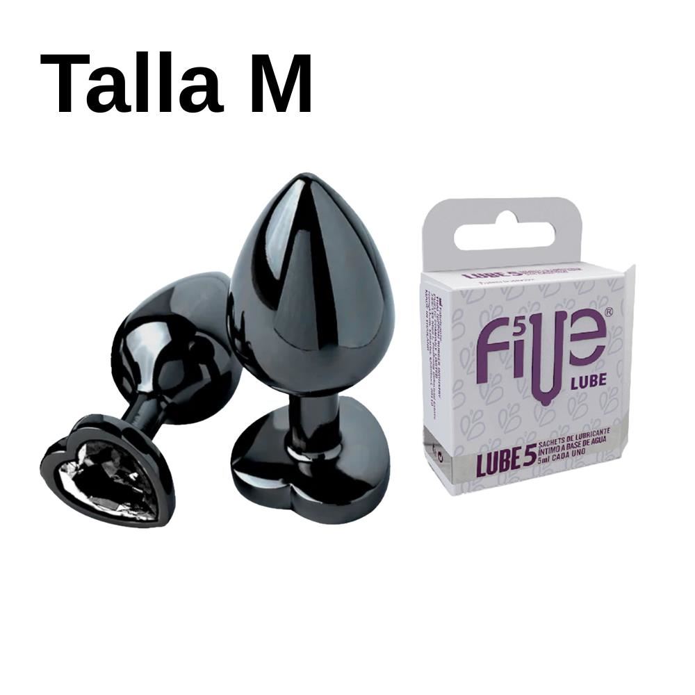 Plug M Dilatador Anal Consolador Negro + Lubricante Five 05 Sachets