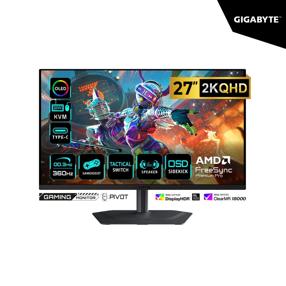MONITOR GAMING GIGABYTE 27" MO27Q3 2K QHD - QD-OLED 360HZ 0.03MS HDMI DP Parlante integrado PIVOT