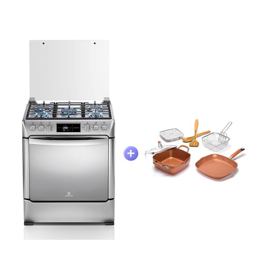 COMBO COCINA GLP INDURAMA MONTECARLO ZAFIRO 5 HORNILLAS + JUEGO DE 7 PZAS COBRE BEHOME