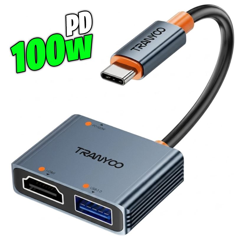 Adaptador Tipo C 3 en 1: HDMI + USB3.0 Tipo C potencia 100W Calidad Premium