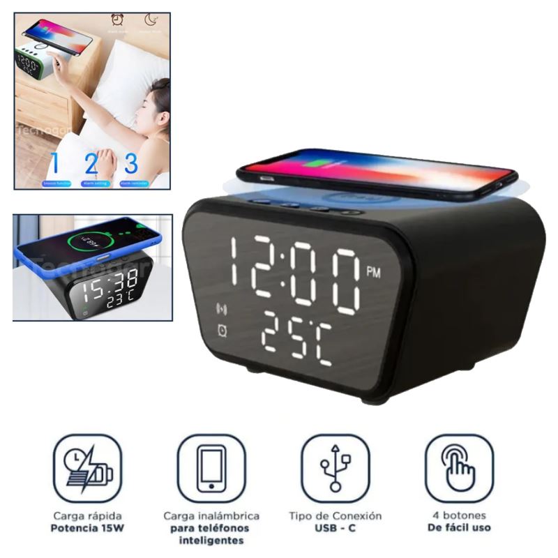 Reloj y Despertador con Carga Inalámbrica para Celular Alarma y Temperatura