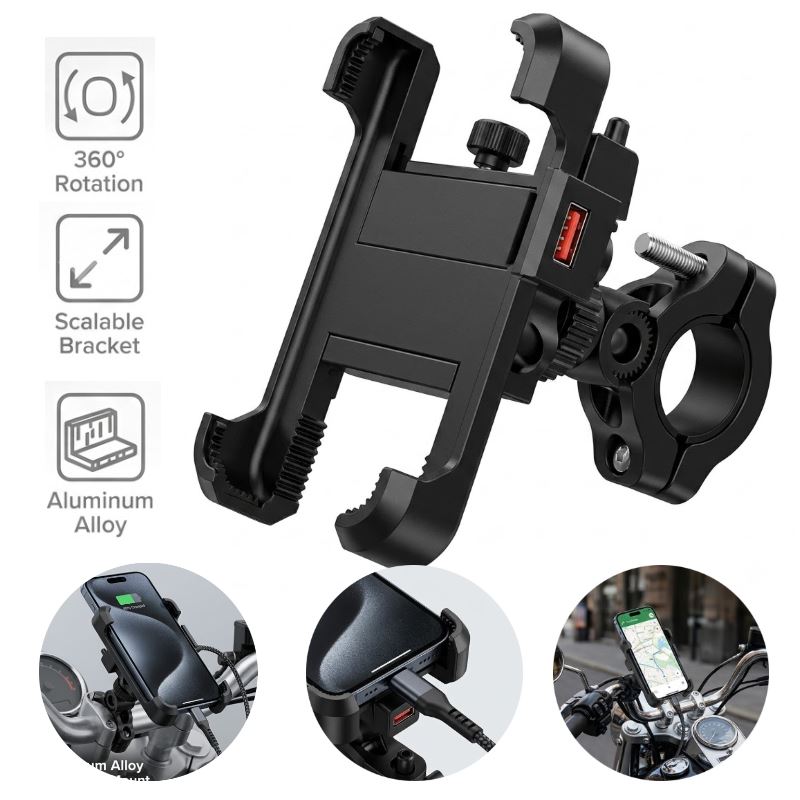 Soporte Celular de Aluminio para Moto Cargador Carga Rápida USB Holder 360