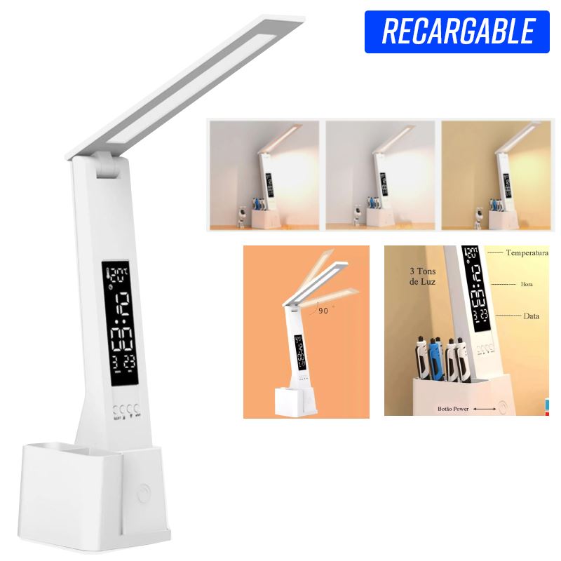 Lámpara Led táctil plegable recargable por USB 3 tonos Luz Reloj