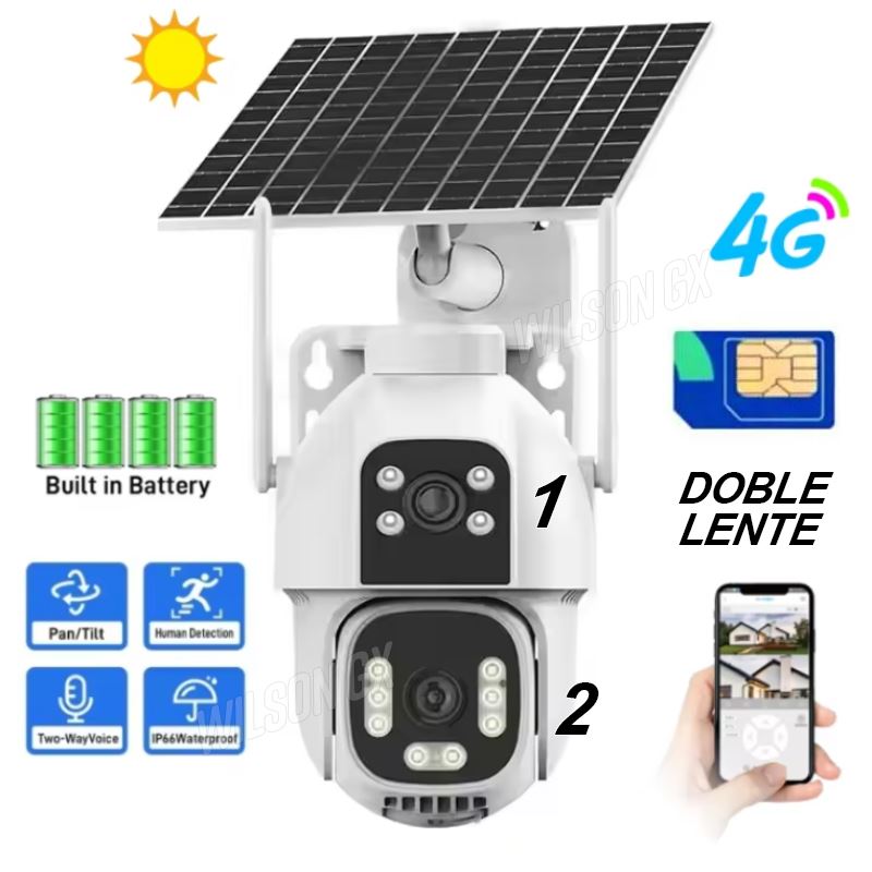 Cámara IP Doble Lente Seguridad Solar 4G con Chip Full HD 360 y Sirena