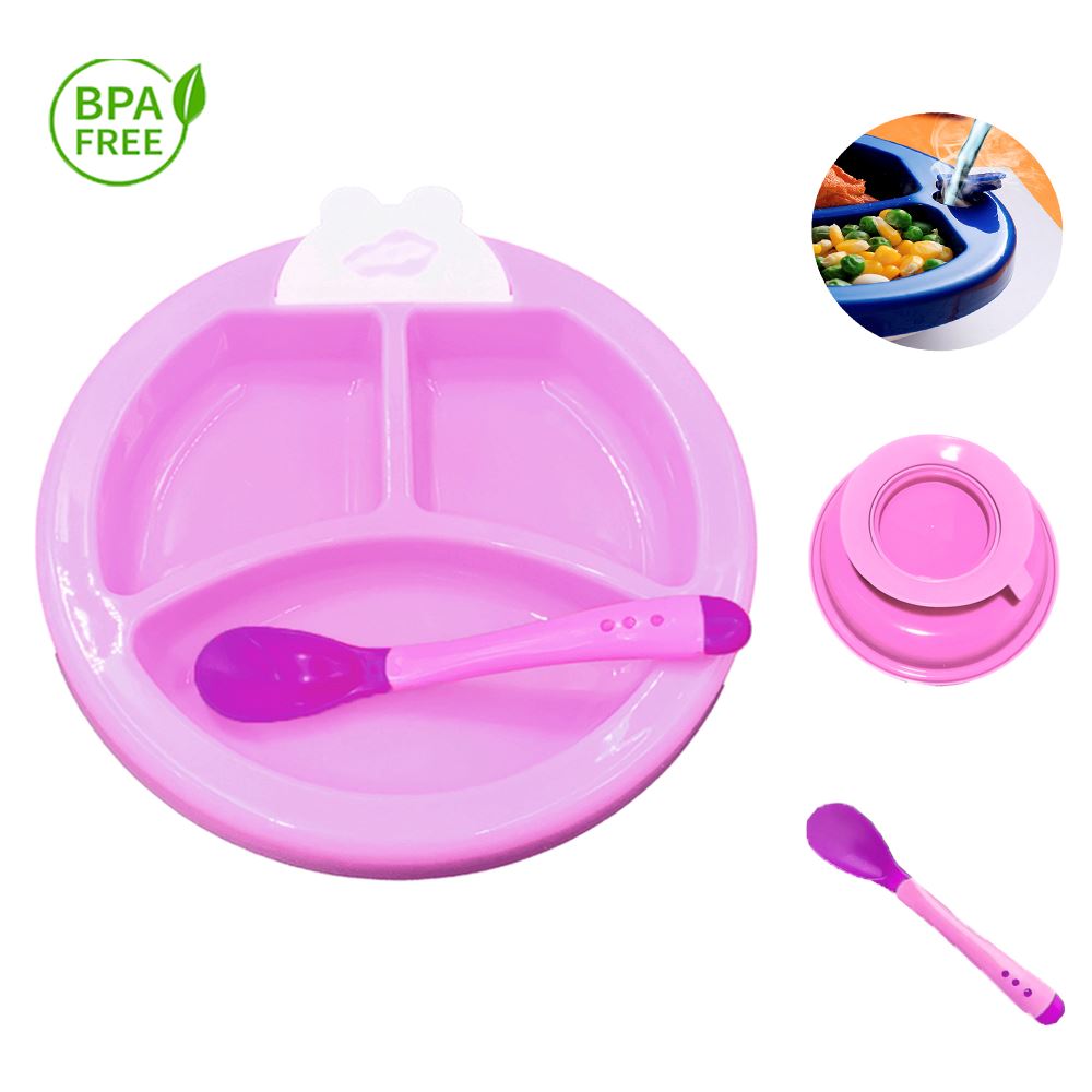 Plato rosa termico con cubierto para bebe