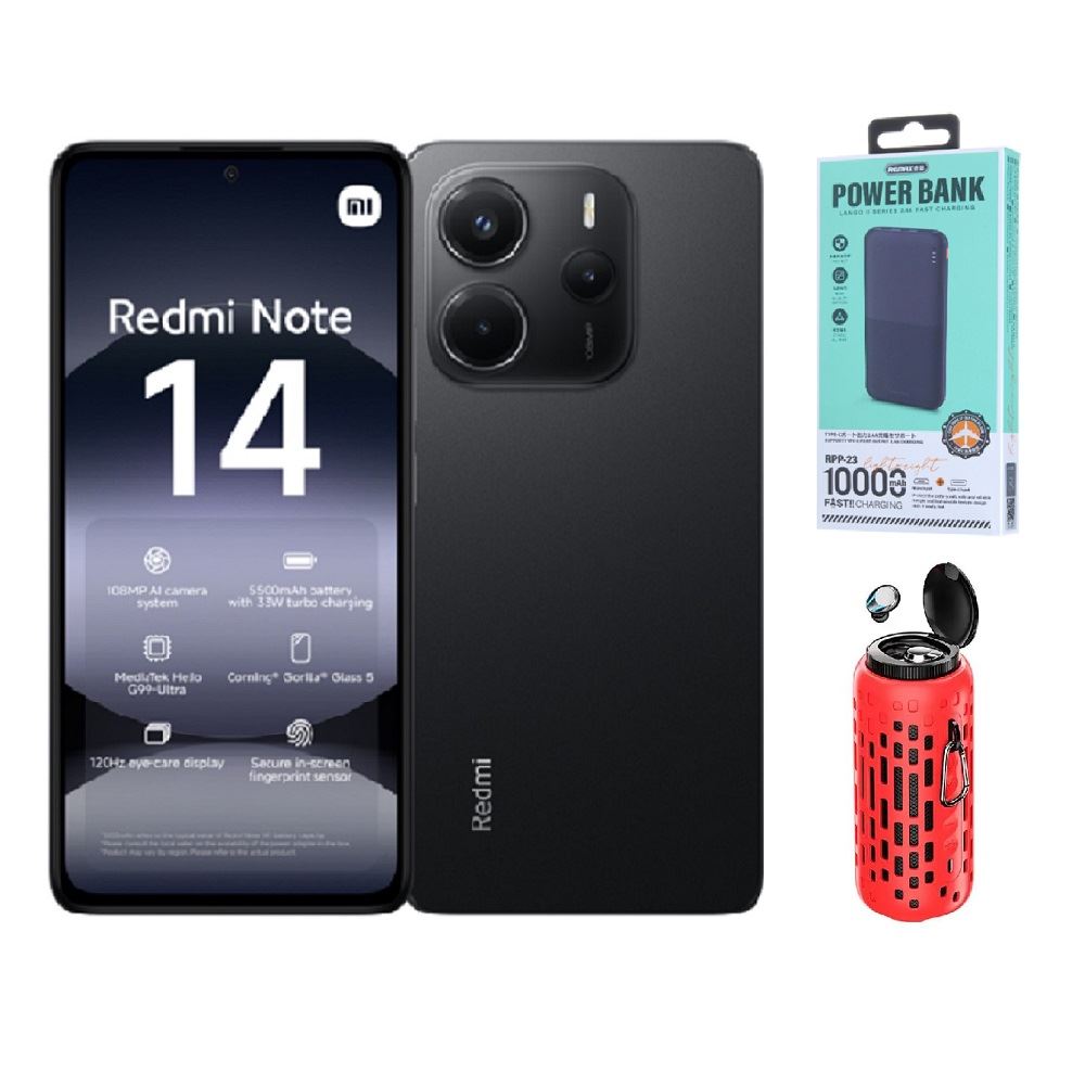 XIAOMI REDMI NOTE 14 128GB 6GB RAM NEGRO + POWERBANK 10000MAH + PARLANTE BLUETOOTH + AUDIFONOS