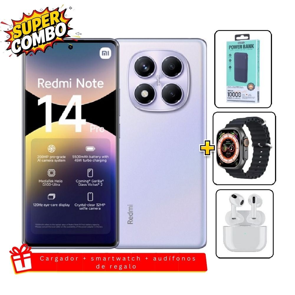 Xiaomi Redmi Note 14 Pro 4G 256GB Purpura + Cargador 10000mAh + Smartwatch + Audifonos