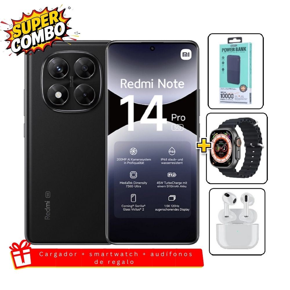 Xiaomi Redmi Note 14 Pro 5G 256GB Negro + Cargador 10000mAh + Smartwatch + Audifonos