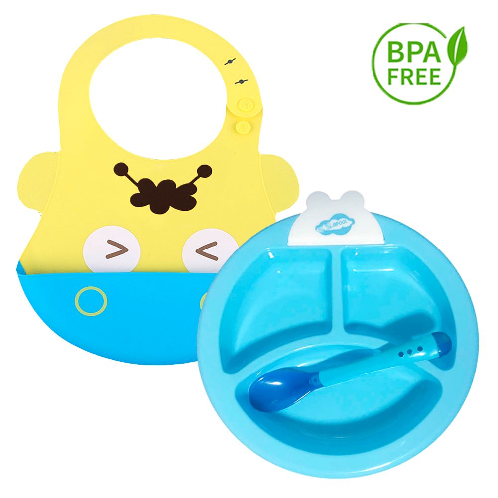 Pack Babero Hipo y Set Plato Termico Celeste para bebe
