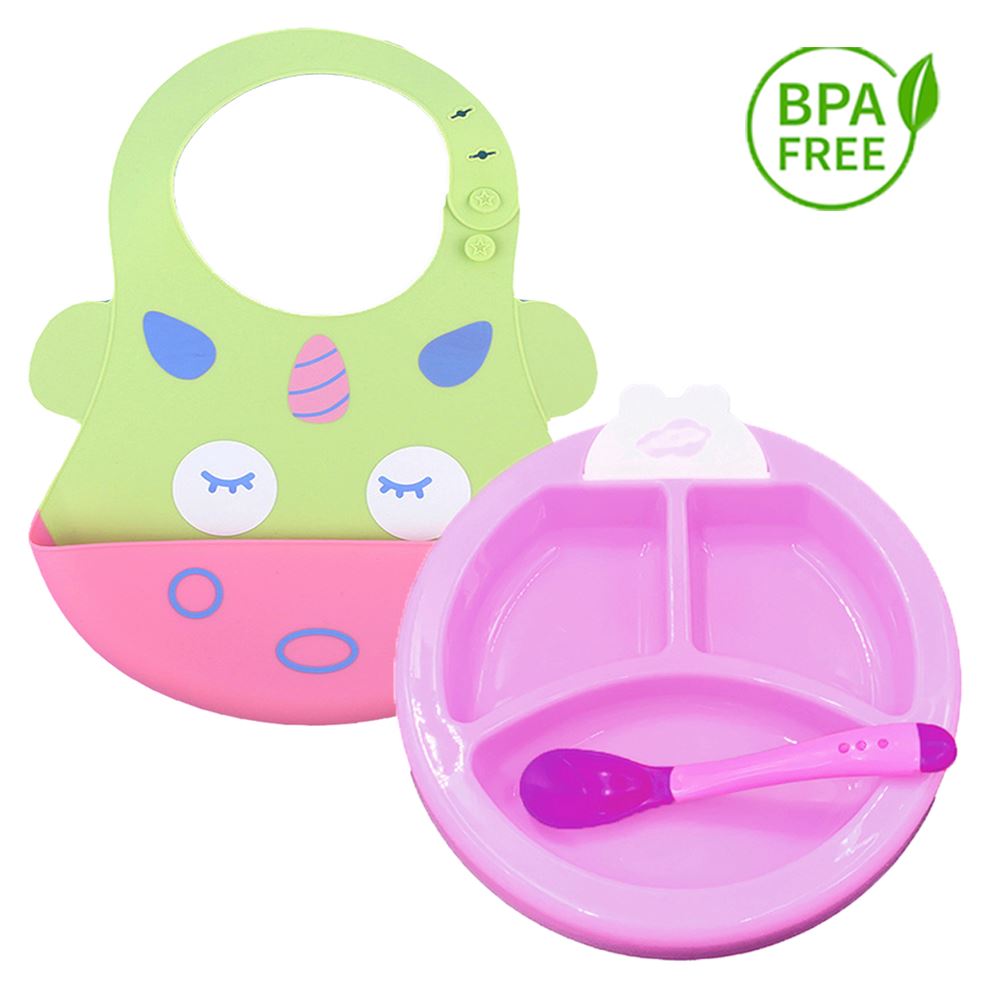 Pack Babero Unicornio y Set Plato Termico Fucsia para bebe