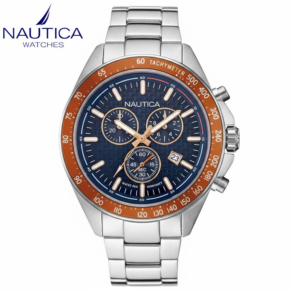 Reloj Nautica Ocean Beach NAPOBF117 Fecha Cronómetro Acero Inoxidable Dial Azul