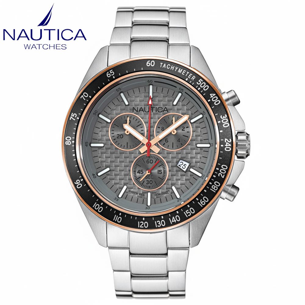 Reloj Nautica Ocean Beach NAPOBS115 Fecha Cronómetro Acero Inoxidable Dial Gris