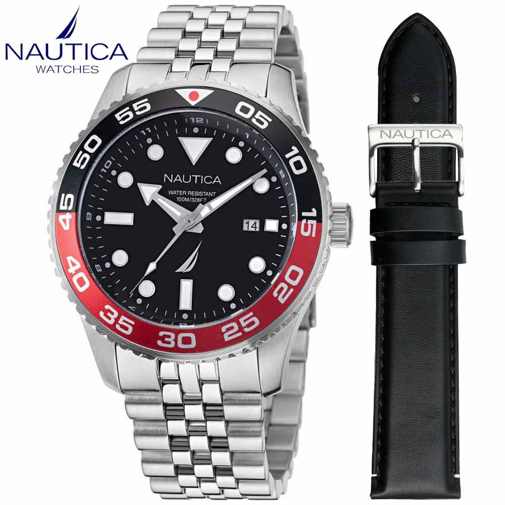 Reloj Nautica Pacific Beach NAPPBF145 Fecha Set 2 Correas  Acero Inoxidable y Cuero Negro