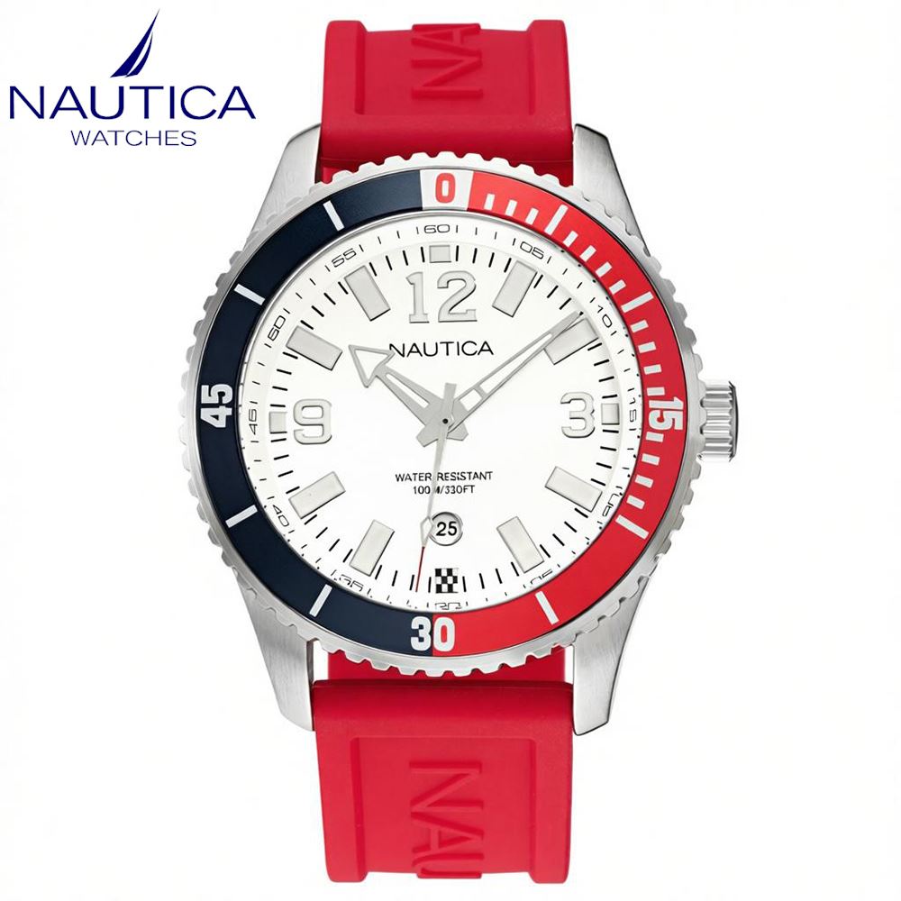 Reloj Nautica Pacific Beach NAPPBS160 Fecha Acero Inoxidable Correa Silicona Rojo Dial Blanco