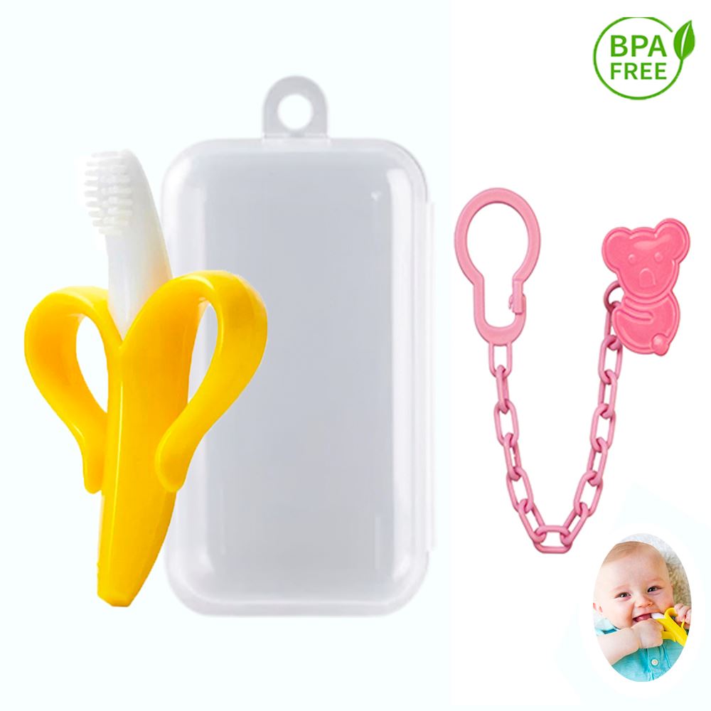 Mordedor Banana Amarillo Con Cadena Baby Froggie Koala Rosado Para Bebe