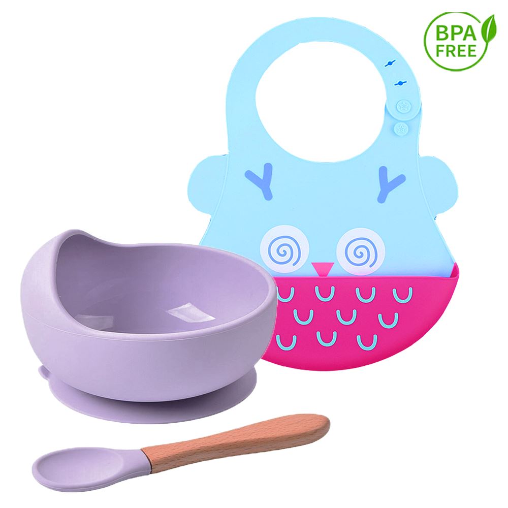Pack para Bebe Babero Buho con Cuenco Lila con cuchara
