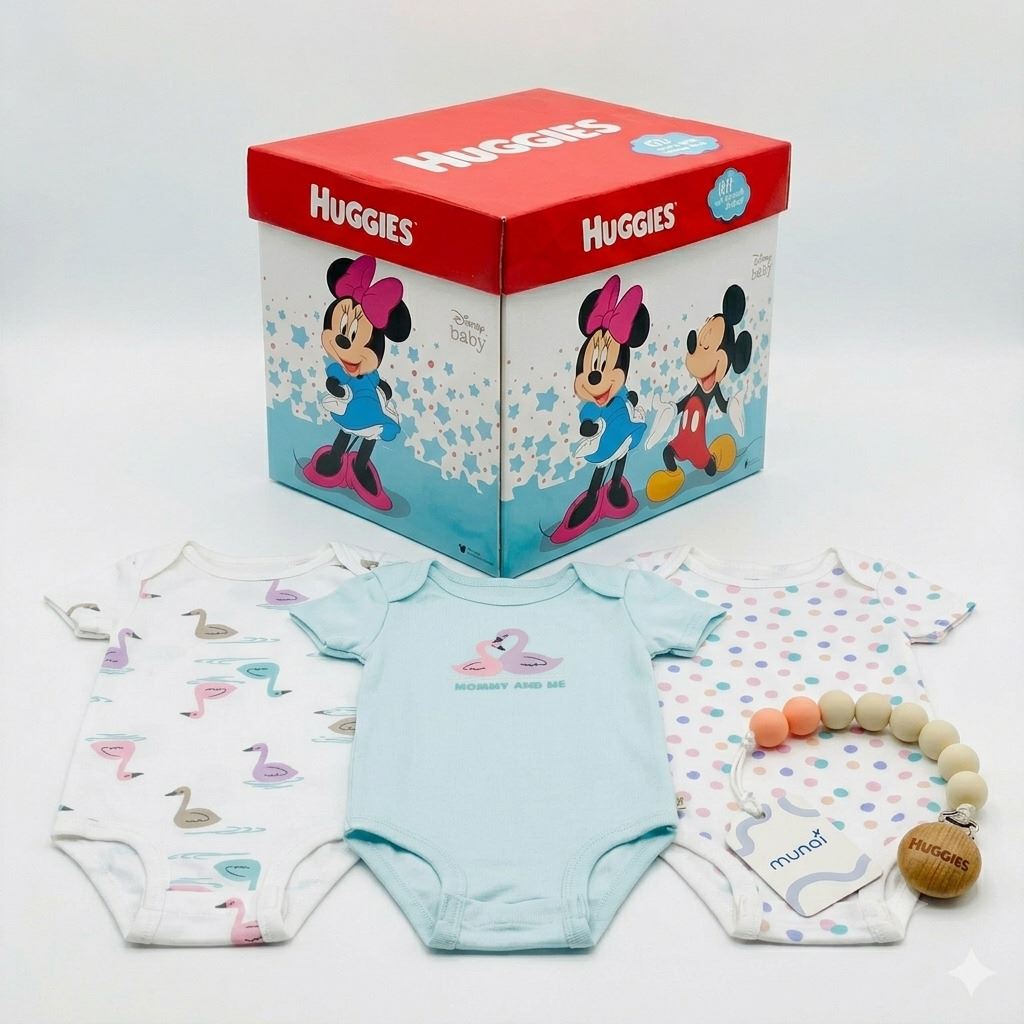 BODY NIÑA HUGGIES PACK X3 ALGODÓN ORGÁNICO DISEÑO CISNE CELESTE 6 MESES + PORTACHUPÓN Y CAJA DISNEY DE REGALO