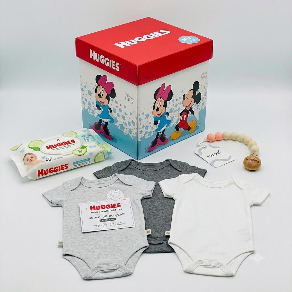 Pack de 3 bodies huggies niño gris 3 meses + toallitas húmedas 48 unid + portachupón + caja de regalo