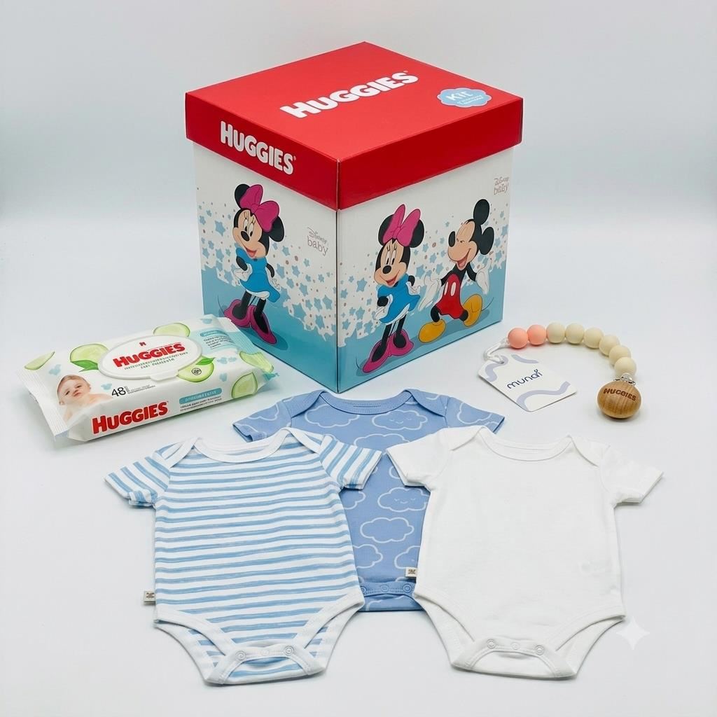Pack de 3 bodies huggies niño nubes  3 meses + toallitas húmedas 48 unid + portachupón + caja de regalo