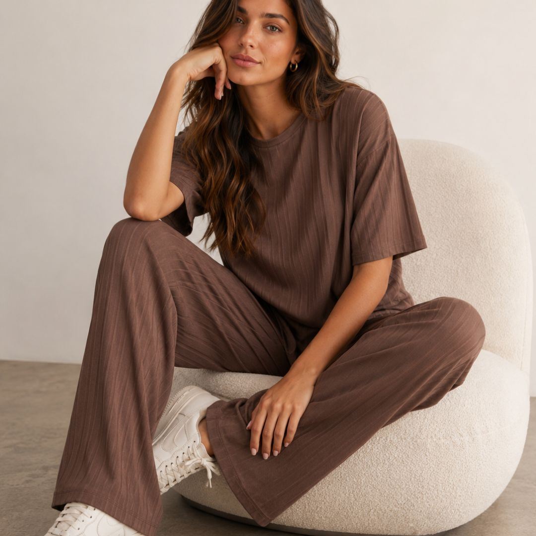 Buzo Conjunto Polo Manga Corta y Pantalón Palazzo con pretina elasticad con bolsillos - Marron