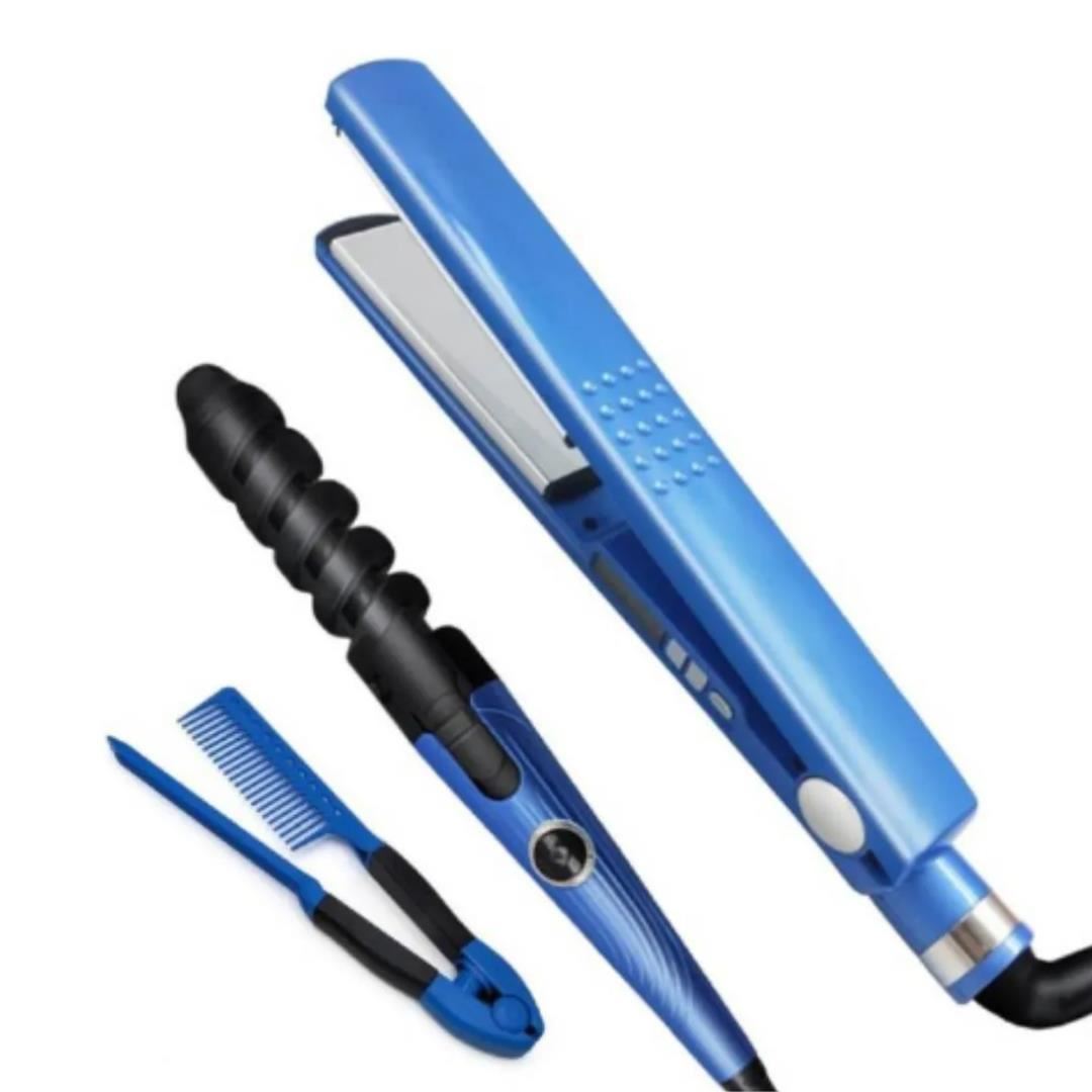 Trio Plancha Alisador Nano Rizador Ondulador Peineta Tenaza