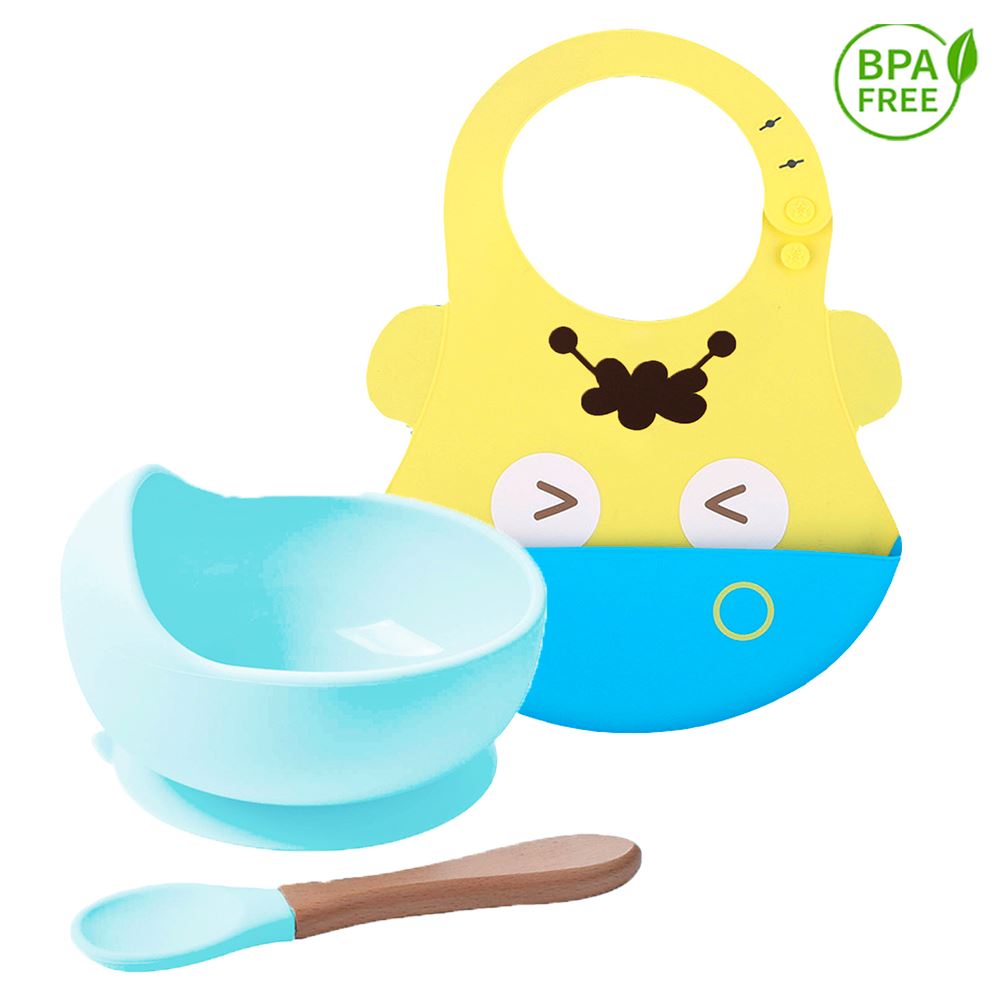 Pack Babero Hipopotamo con Cuenco Celeste claro para bebe