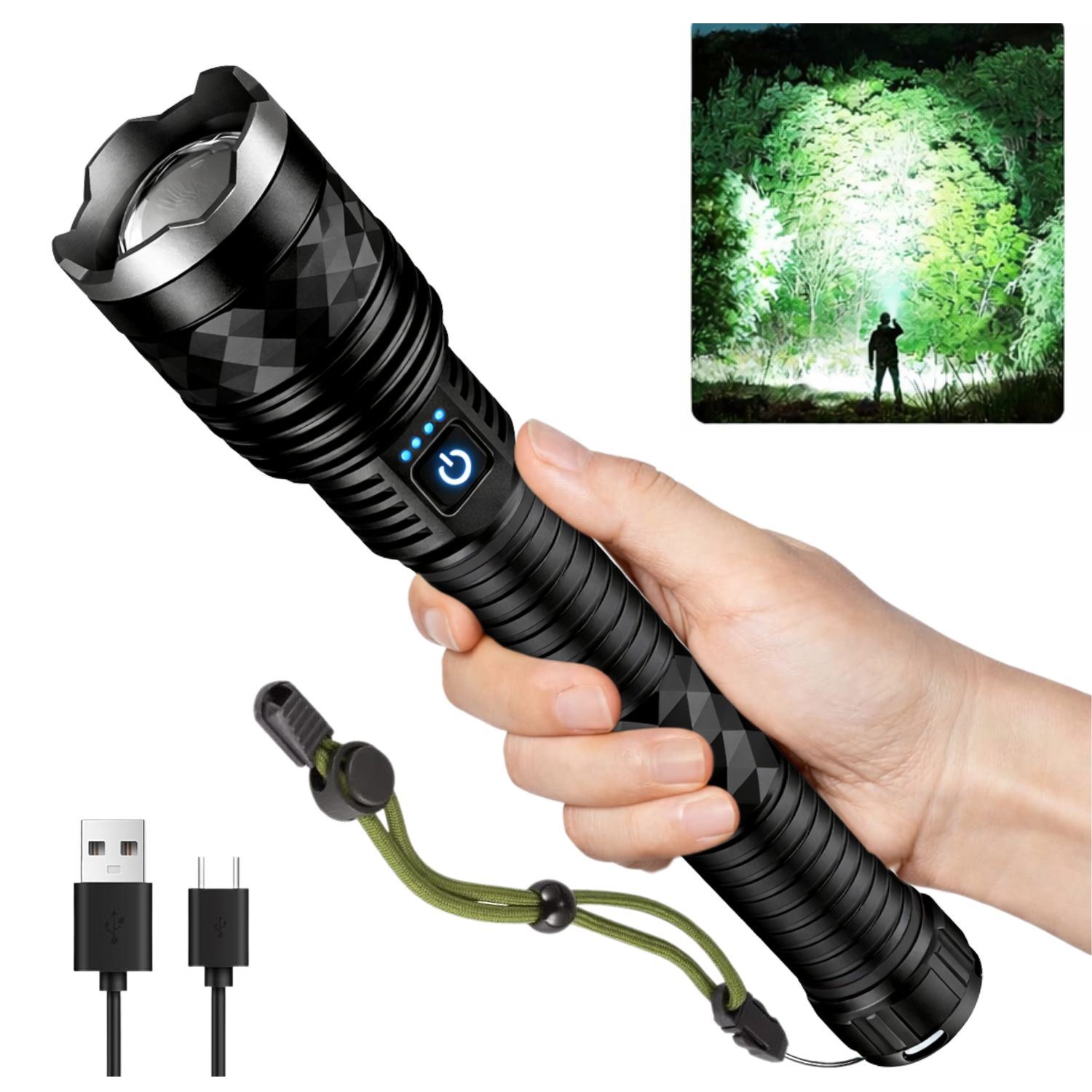 Linterna Táctica Recargable 30W Zoom Ajustable 3000m Batería 12000mAh USB-C Power Bank Profesional