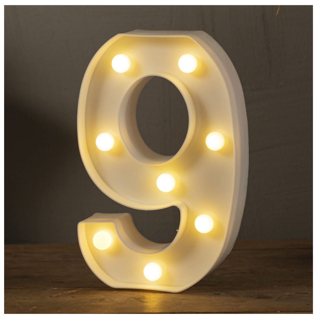 Números 9 Acrílico Blanco Con Luces Led A Pilas Cumpleaños