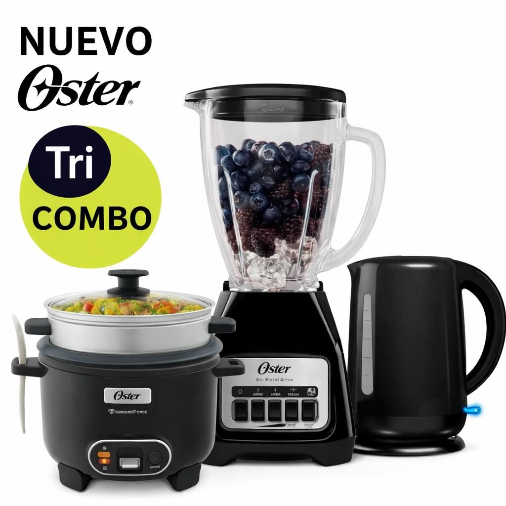 Tricombo Oster Licuadora BLSTKAGBPB + Hervidor BVSTKT3101 + Arrocera CKSTRC10DFBLK