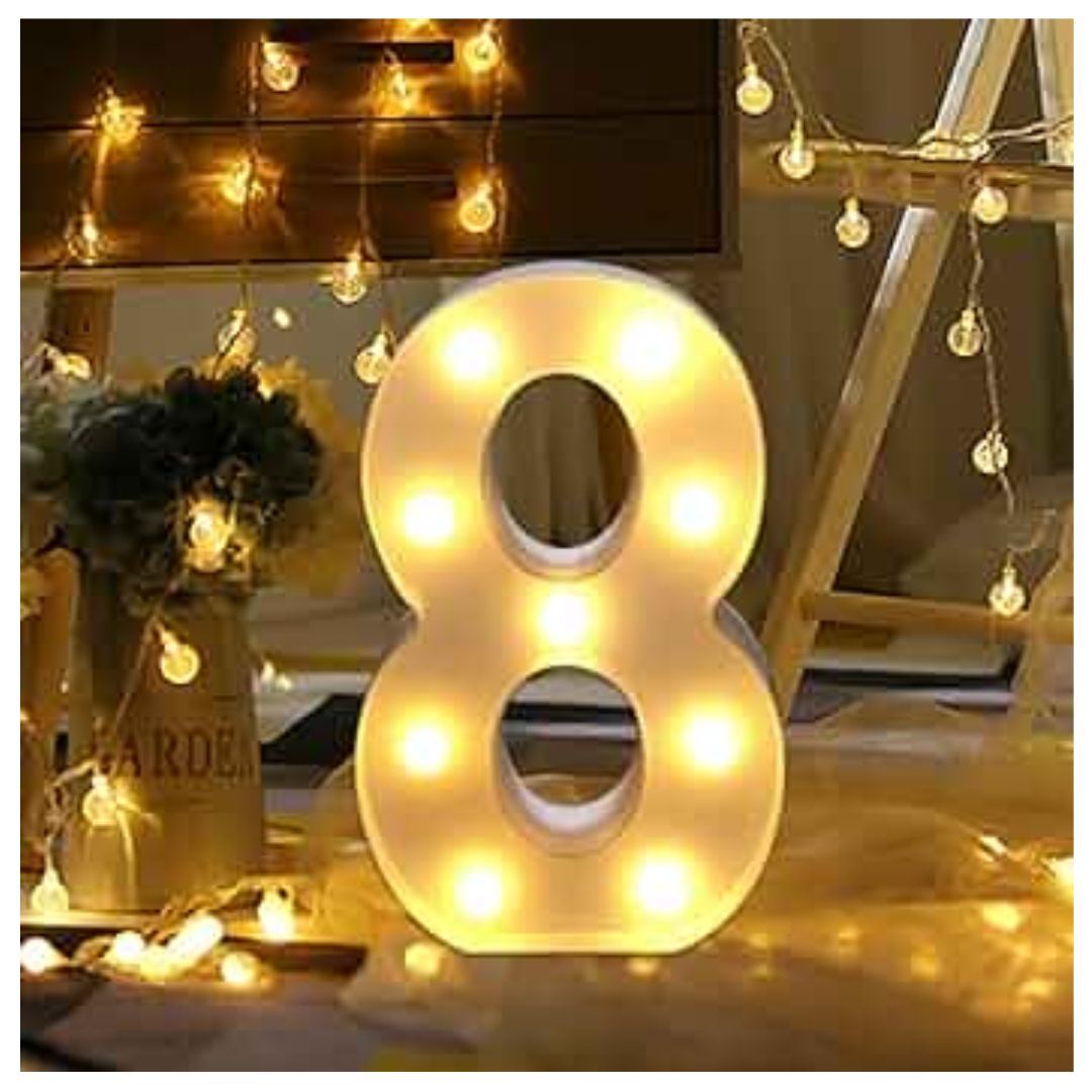 Números 8 Acrílico Blanco Con Luces Led A Pilas Cumpleaños