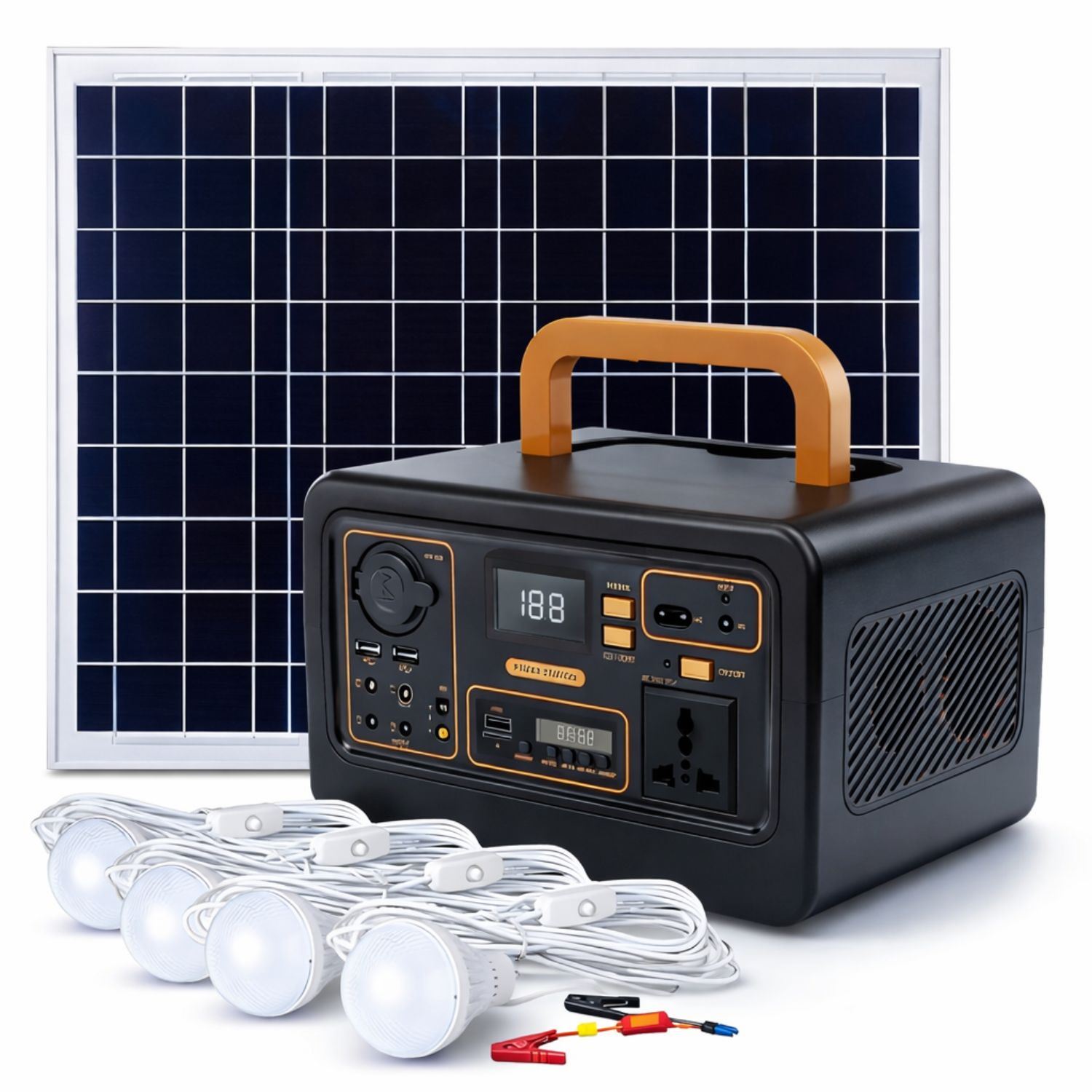 Estación de Energía Portátil 300W con Panel Solar, Radio FM, Bluetooth y Luces LED