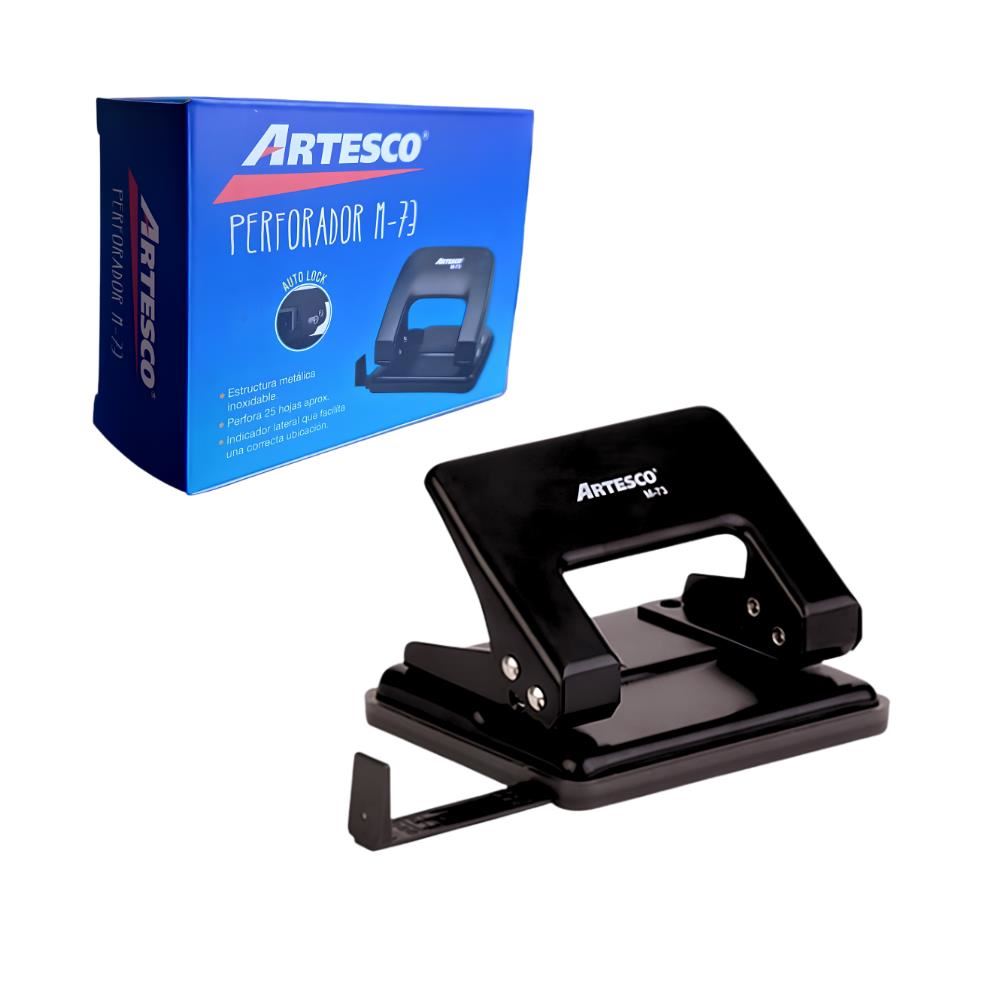 Perforador de Oficina Negro para hasta 25 Hojas con 2 Perforaciones y  Regla Guía Ajustable Artesco M-73