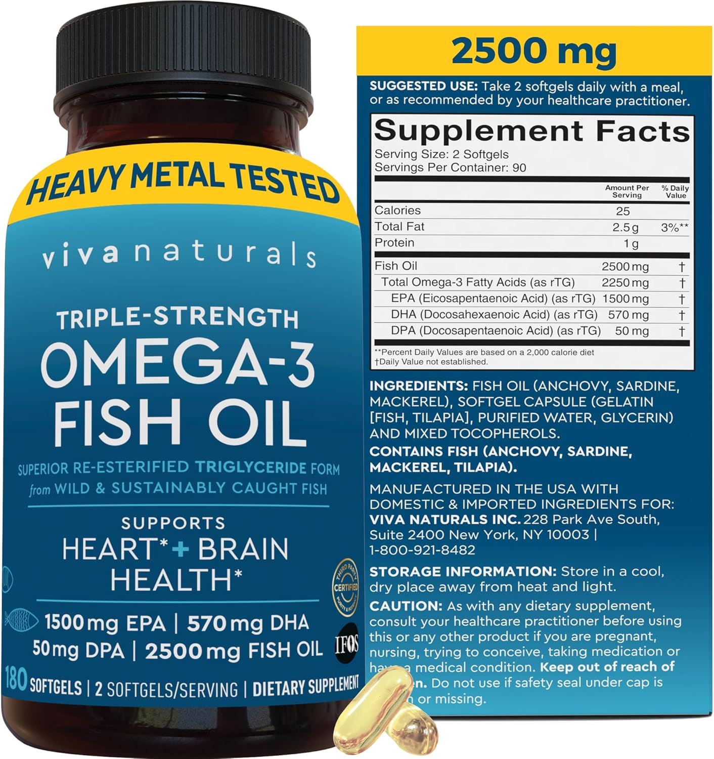 Viva Naturals Triple-Strength Omega-3 Fish Oil 2500 mg – 180 Softgels – 1500 mg EPA y 570 mg DHA