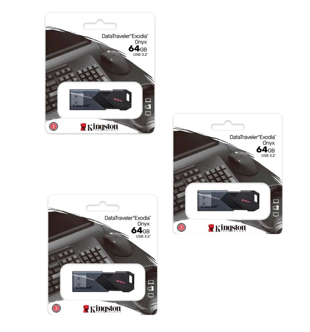 MEMORIA USB KINGSTON EXODIA ONYX 64GB NEGRO KIT DE 3 UNIDADES