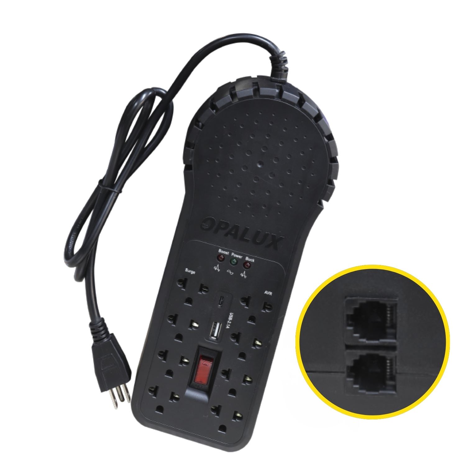 Estabilizador de voltaje 1200w 8 tomas con USB Opalux