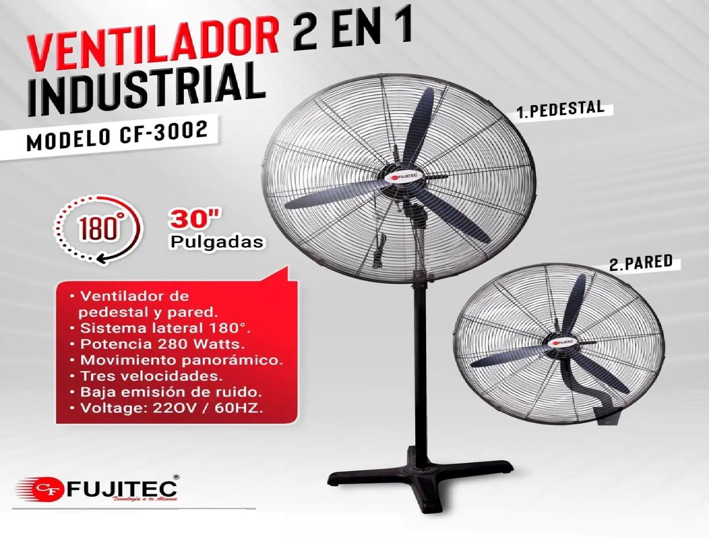 Ventilador Industrial Fujitec CF-3002 de 30" 2 en 1 280W - Negro