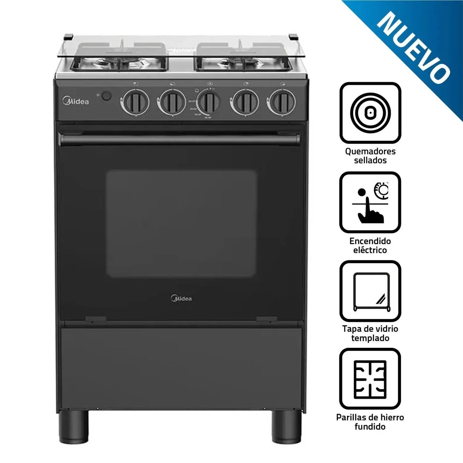 Cocina a Gas Midea 24" MGS24FS2LFABBC-PE 4 Quemadores – Color Negro
