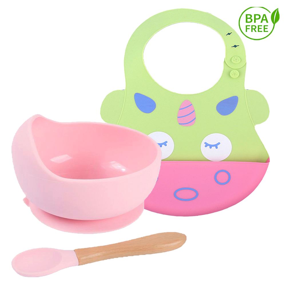 Pack para Bebe Babero Unicornio con Cuenco Rosa con cuchara