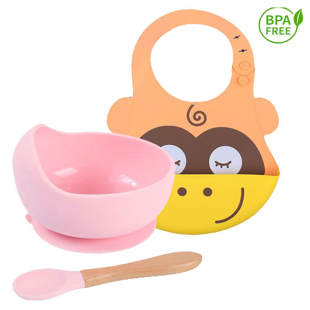 Pack Babero Monito con Cuenco Rosado con cuchara para bebe
