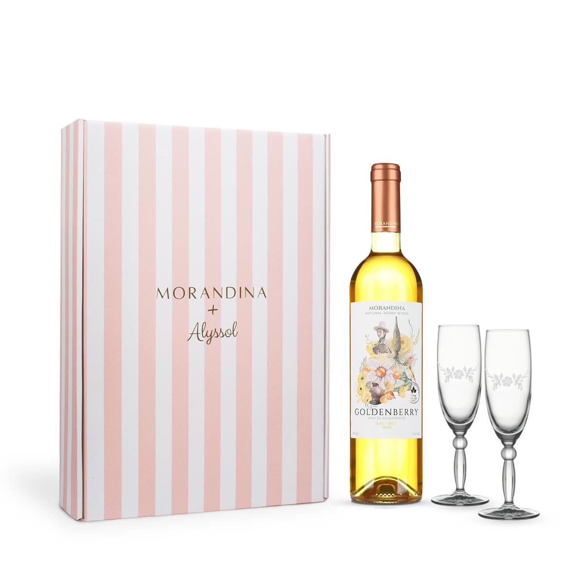 Set Berry Woman Morandina - Vino Goldenberry semi seco bot 750ml + 2 copas