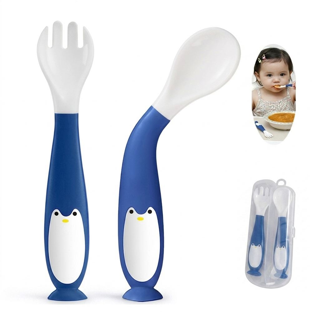 Pack cubiertos de flexible pingüino azul para bebe