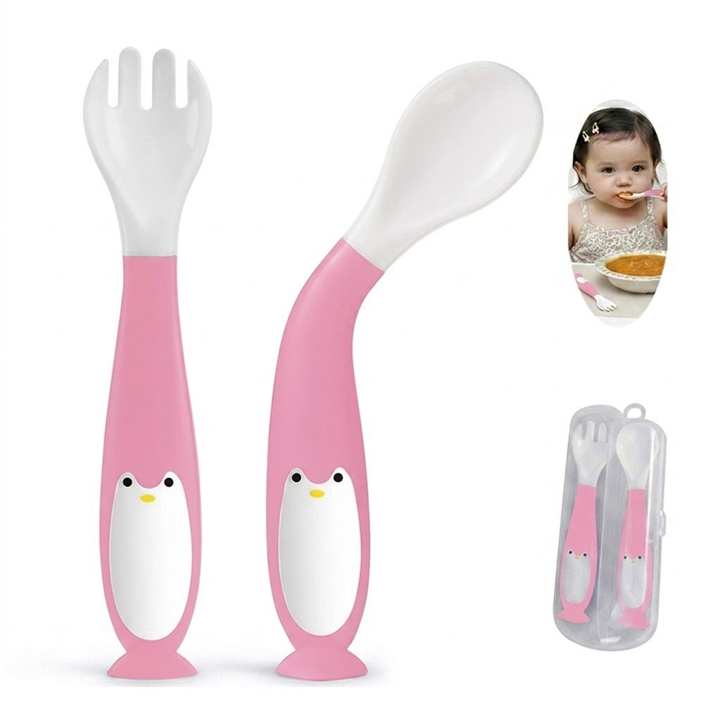 Pack cubiertos de flexible pingüino rosado para bebe